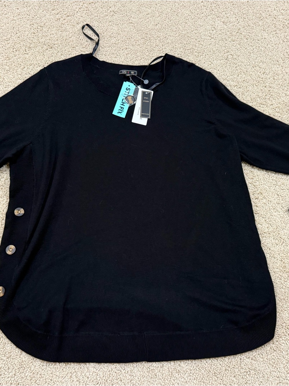 Lety & Me Black Crewneck Sweater with Side Button Detail